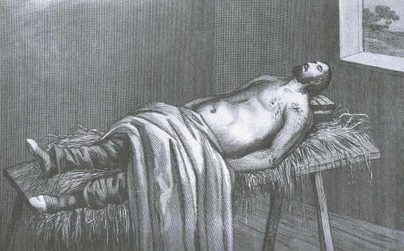 Image of the body of Sir William Courtenay's body laid out in the Stable at the Red Lion Public House